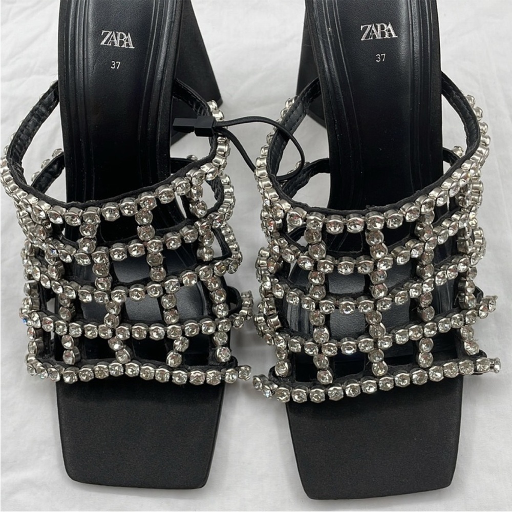 NEW! Zara Boho Black Heeled Mules With Rhinestones. EU37. - Picture 6 of 12